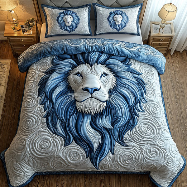 Blue Swirl Majestic Lion quilted 3-piece bedding set on a made bed with two matching pillow shams