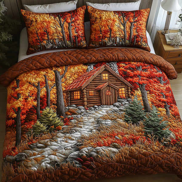 Autumn Soul Log Cabin quilted 3-piece bedding set on a made bed with two matching pillow shams