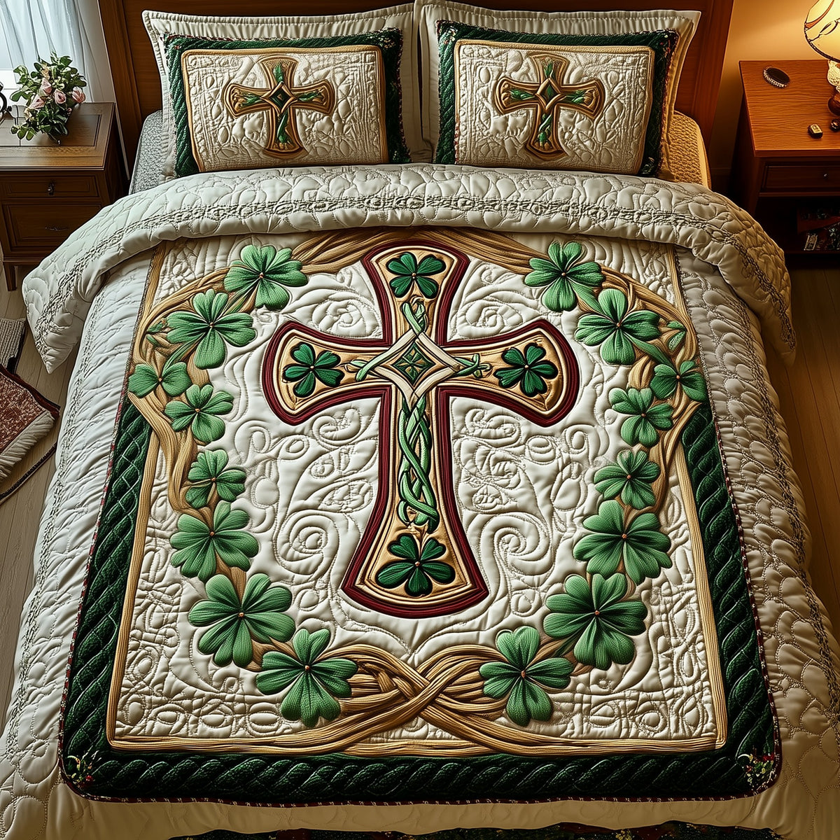 Celtic Cross 3-Piece Quilted Bedding Set - Design 3 — quilt and two matching pillow shams