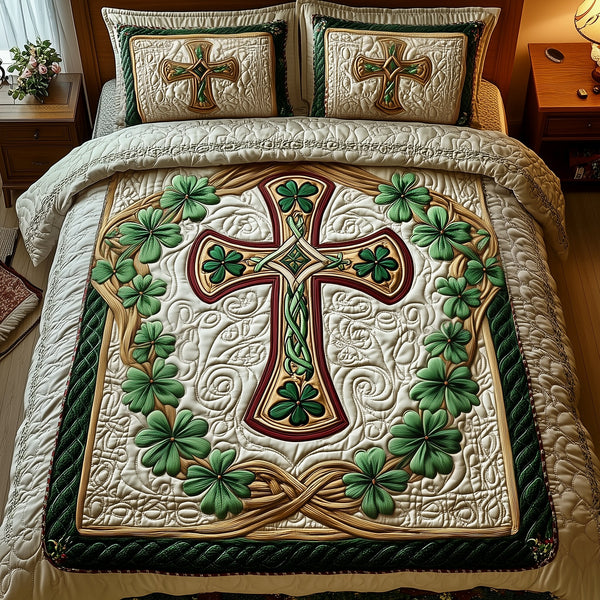 Celtic Cross quilted 3-piece bedding set on a made bed in a softly lit bedroom