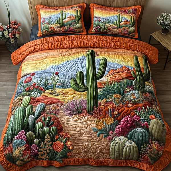 Cactus Haven quilted 3-piece bedding set on a made bed with two matching pillow shams