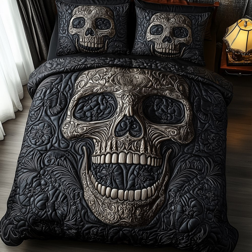 Eternal Skull Blossom 3-Piece Quilted Bedding Set — quilt and two matching pillow shams