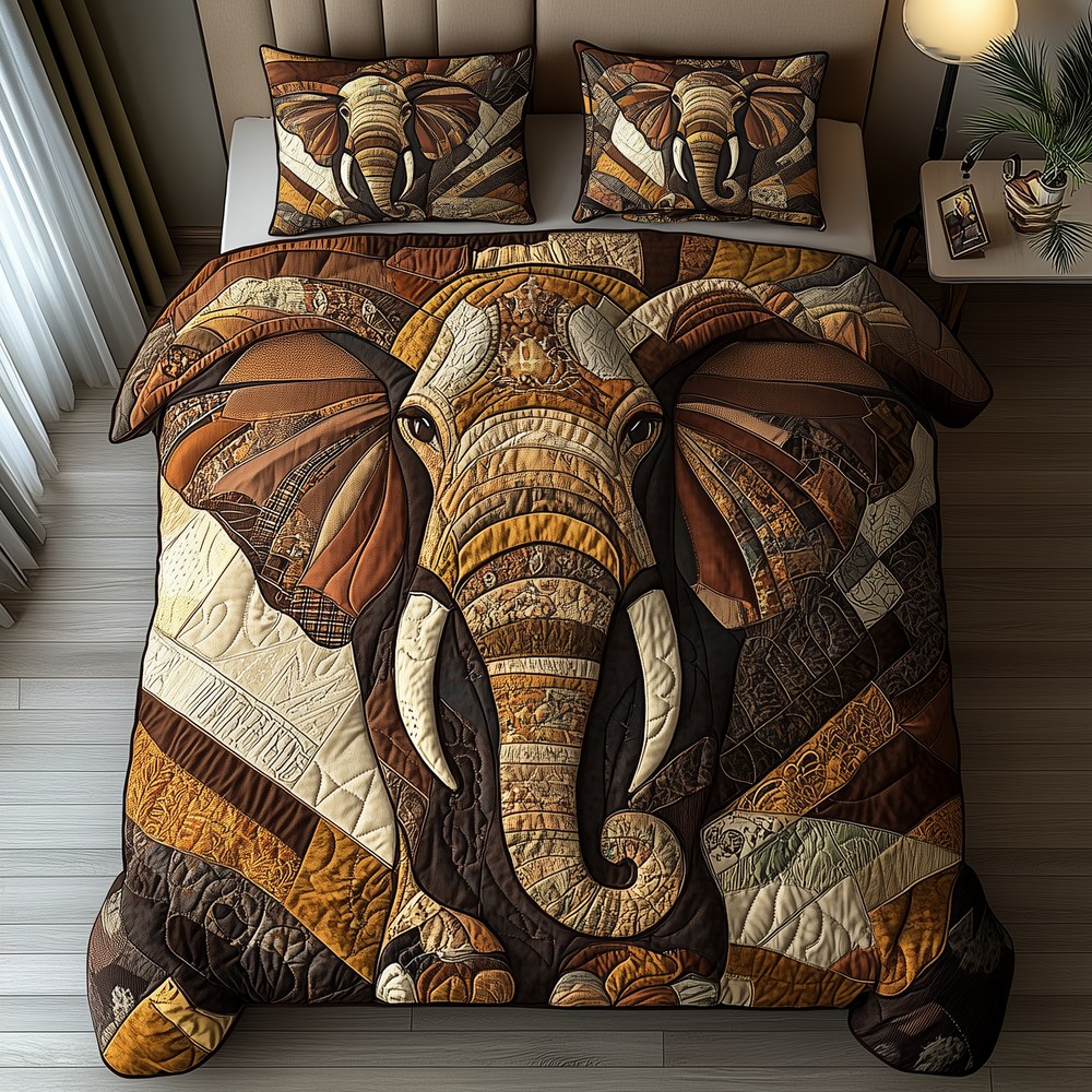 Elephant Whisper 3-Piece Quilted Bedding Set — quilt and two matching pillow shams