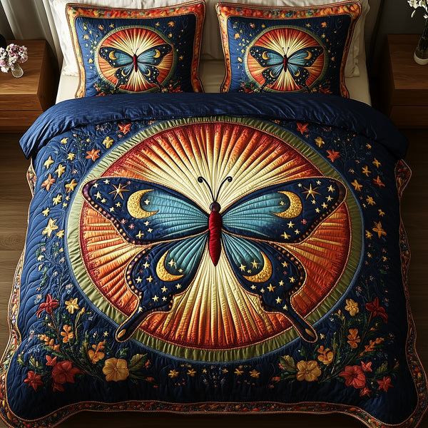 Butterfly Radiance quilted 3-piece bedding set on a made bed with two matching pillow shams