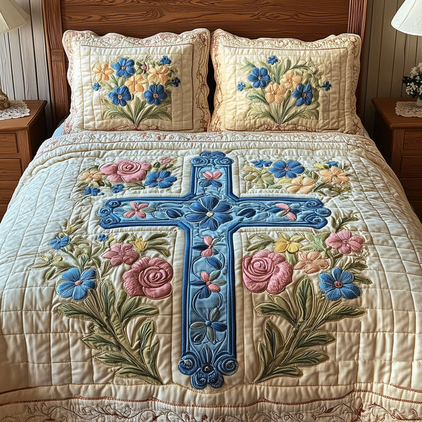 Easter Cross quilted 3-piece bedding set on a made bed in a softly lit bedroom