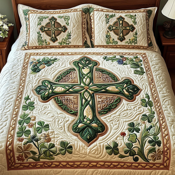Celtic Cross quilted 3-piece bedding set on a made bed in a softly lit bedroom