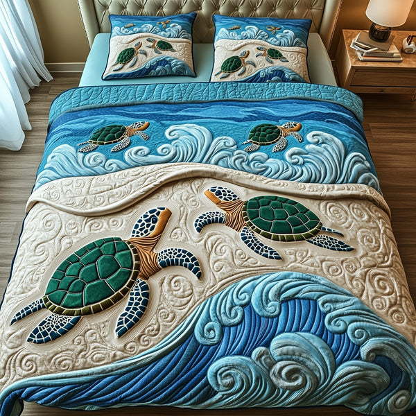 Coastal Breeze Turtle quilted 3-piece bedding set on a made bed in a light coastal bedroom