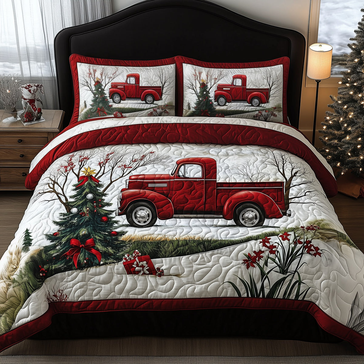 Christmas Truck 3-Piece Quilted Bedding Set - Design 7 — quilt and two matching pillow shams