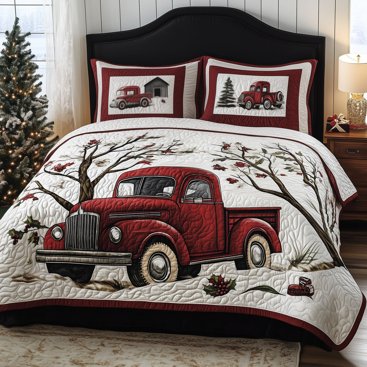 Christmas Truck 3-Piece Quilted Bedding Set - Design 8 — quilt and two matching pillow shams