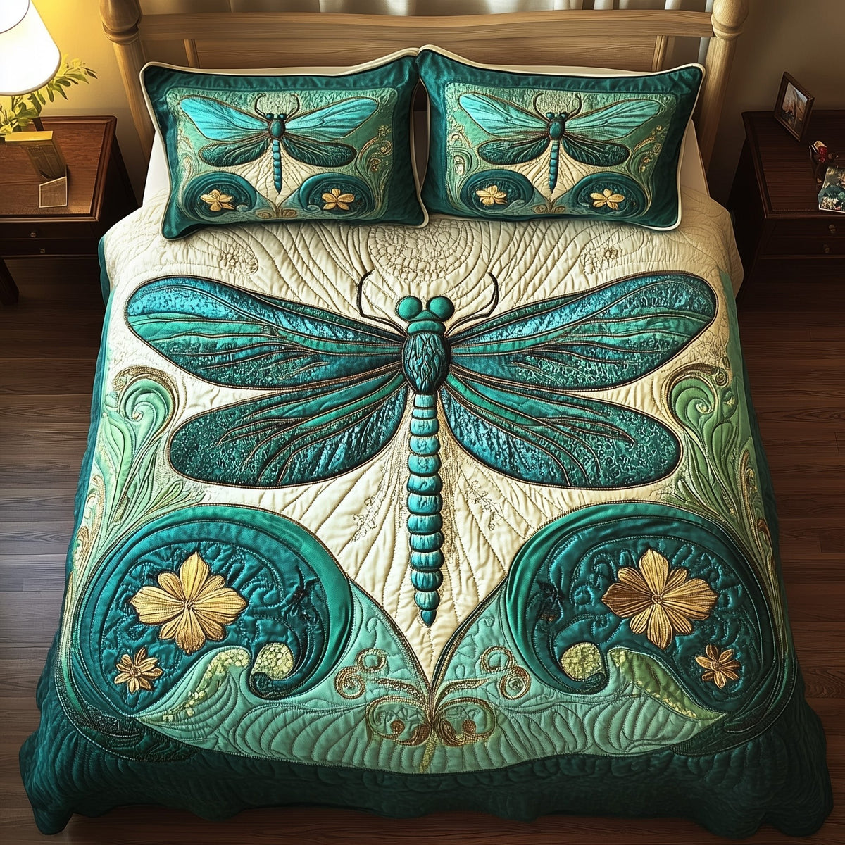 Enchanted Dragonfly 3-Piece Quilted Bedding Set - Design 1 — quilt and two matching pillow shams