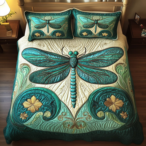 Enchanted Dragonfly 3-Piece Quilted Bedding Set - Design 1 — quilt and two matching pillow shams