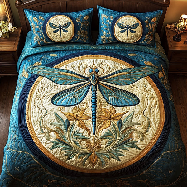 Enchanted Dragonfly 3-Piece Quilted Bedding Set - Design 2 — quilt and two matching pillow shams