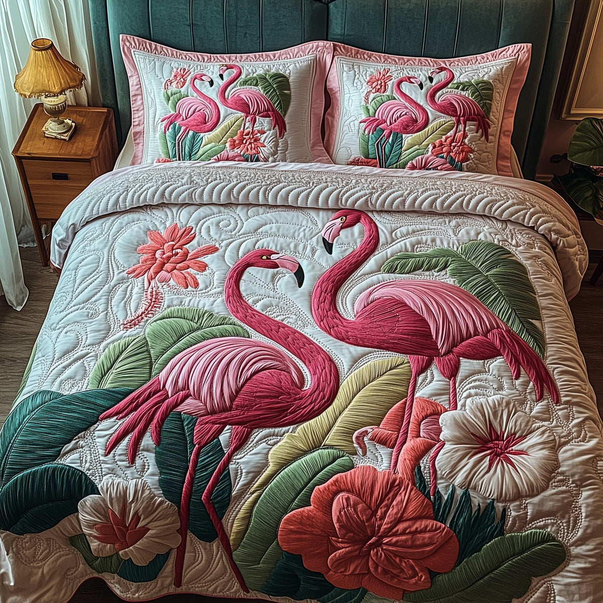Flamingo 3-Piece Quilted Bedding Set - Design 7 — quilt and two matching pillow shams