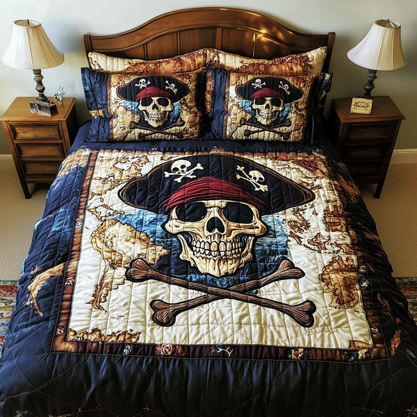 Dark Seas Pirate quilted 3-piece bedding set on a made bed with two matching pillow shams