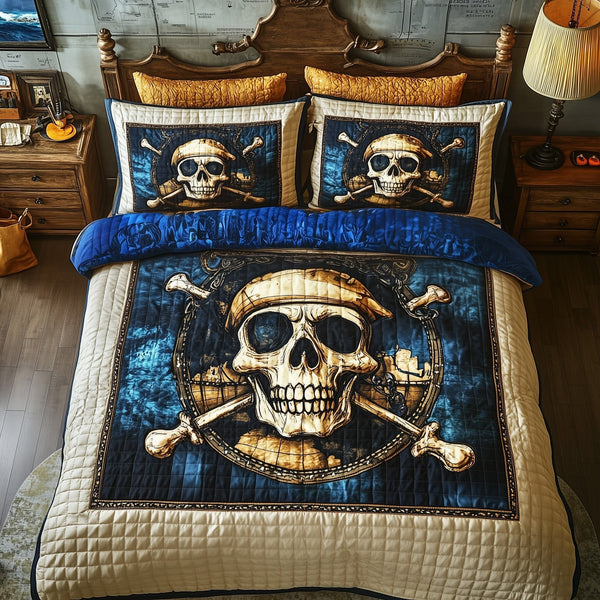 Dark Seas Pirate quilted 3-piece bedding set on a made bed with two matching pillow shams