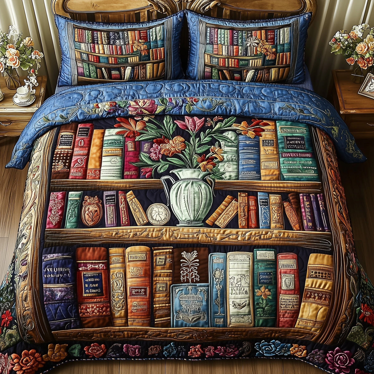 Cozy Library 3-Piece Quilted Bedding Set - Design 2 — quilt and two matching pillow shams