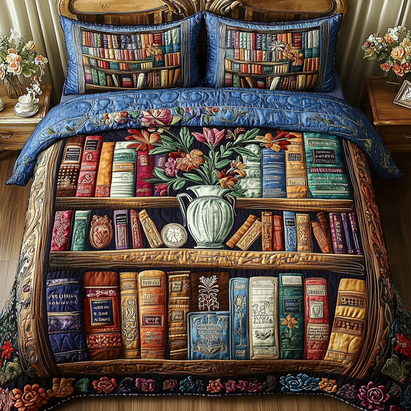 Cozy Library 3-Piece Quilted Bedding Set - Design 2 — quilt and two matching pillow shams