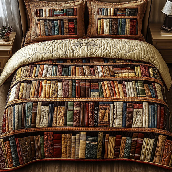 Bookshelf Escape quilted 3-piece bedding set on a made bed with two matching pillow shams