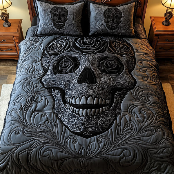 Black Rose Skull quilted 3-piece bedding set on a made bed against a dark styled interior
