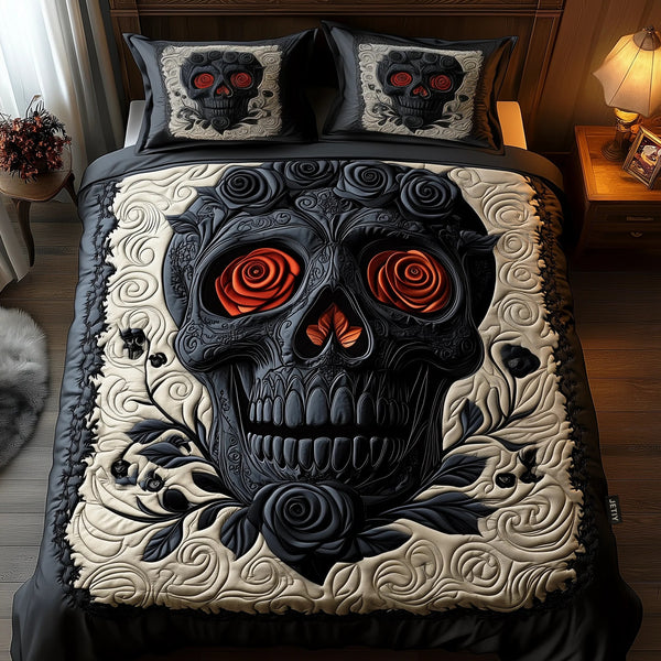 Black Rose Skull quilted 3-piece bedding set on a made bed against a dark styled interior