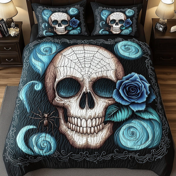 Blue Rose Skull quilted 3-piece bedding set on a made bed against a dark styled interior