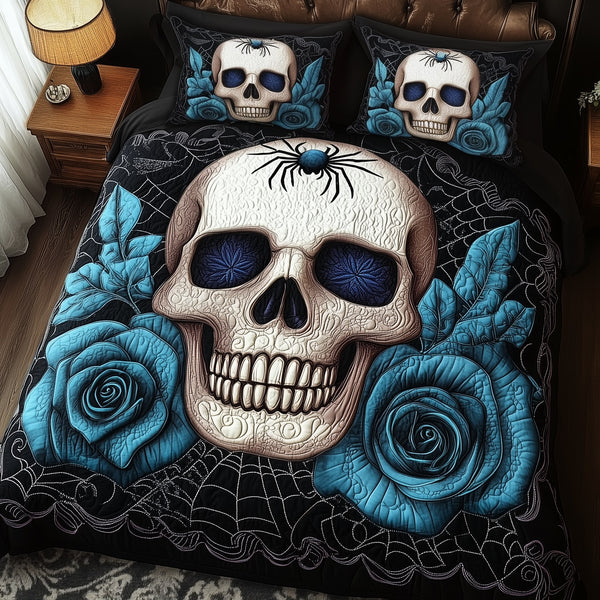 Blue Rose Skull quilted 3-piece bedding set on a made bed against a dark styled interior