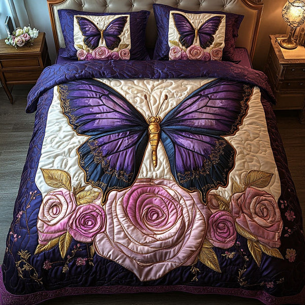 Butterfly Garden quilted 3-piece bedding set on a made bed with two matching pillow shams