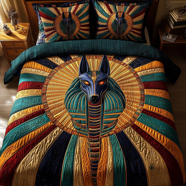 Ancient Anubis quilted 3-piece bedding set on a made bed with two matching pillow shams