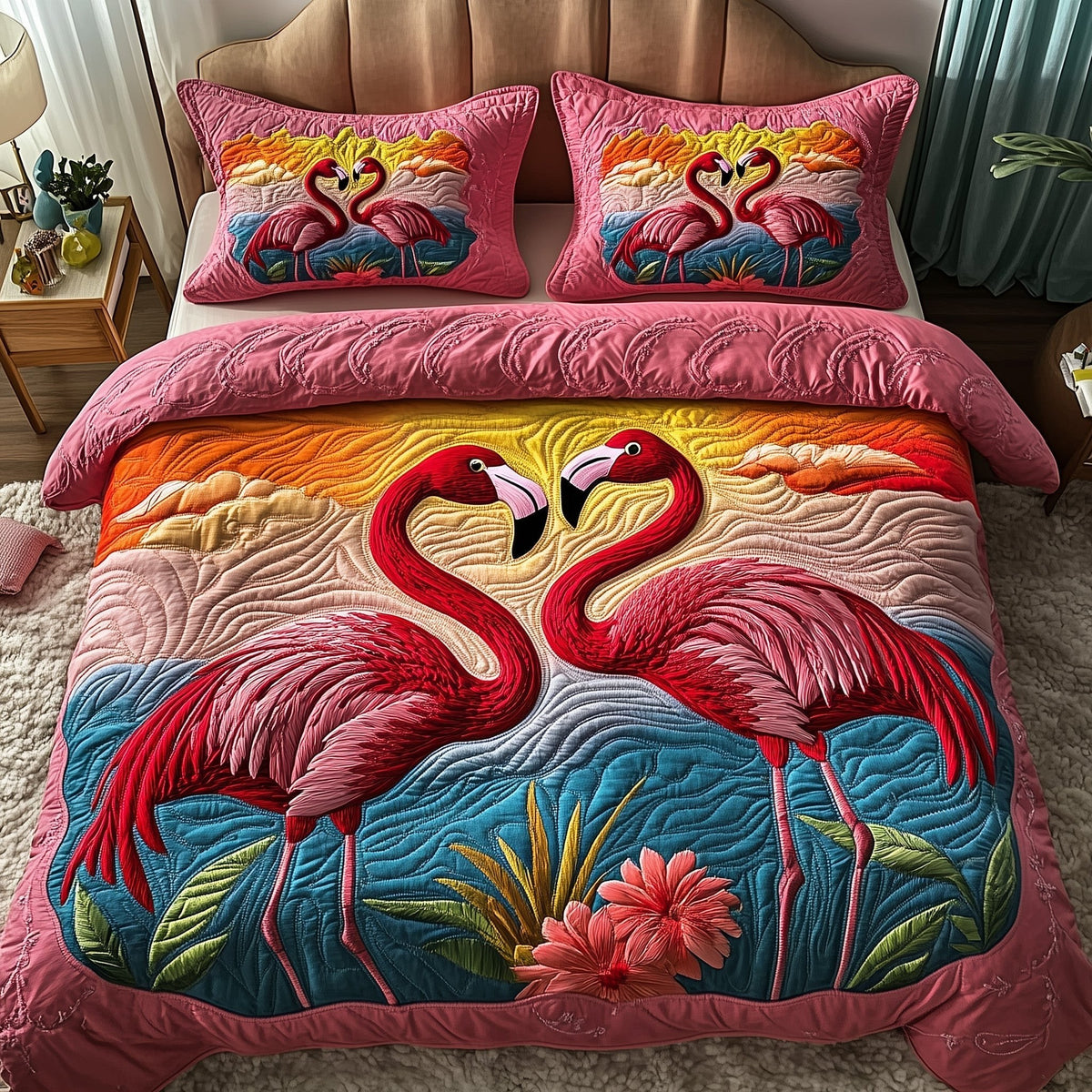 Flamingo Embrace 3-Piece Quilted Bedding Set — quilt and two matching pillow shams
