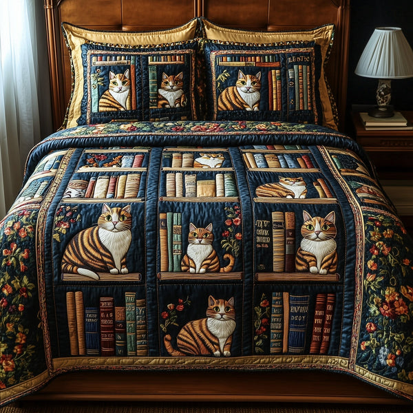 Curious Cat Library 3-Piece Quilted Bedding Set — quilt and two matching pillow shams