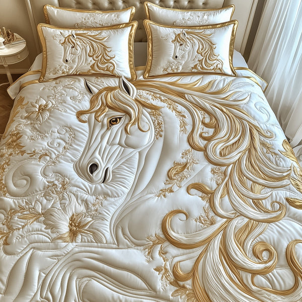 Elegant White Horse 3-Piece Quilted Bedding Set - Design 6 — quilt and two matching pillow shams