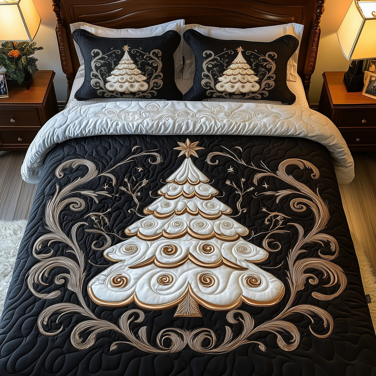 Elegant Christmas Tree 3-Piece Quilted Bedding Set - Design 1 — quilt and two matching pillow shams