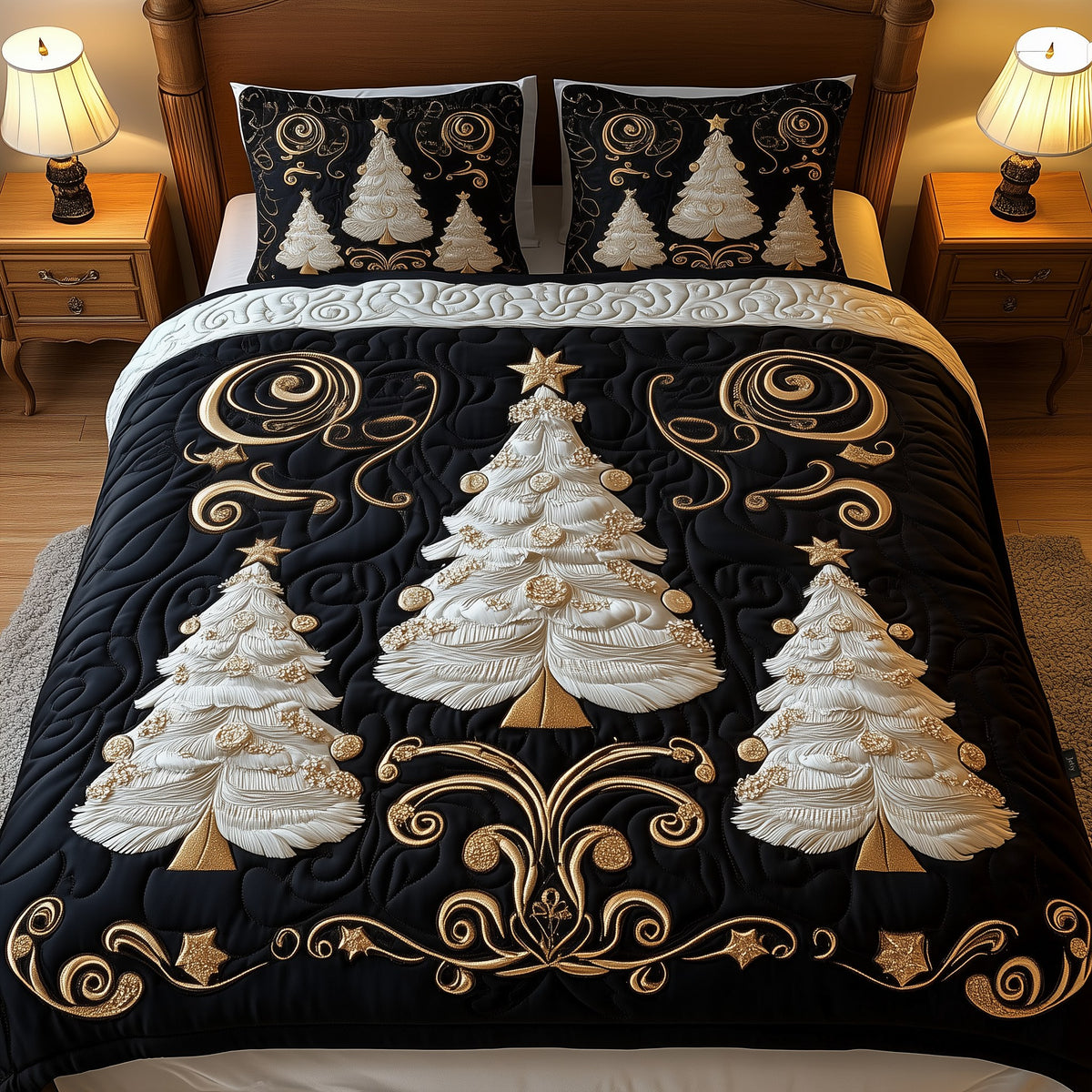 Elegant Christmas Tree 3-Piece Quilted Bedding Set - Design 3 — quilt and two matching pillow shams