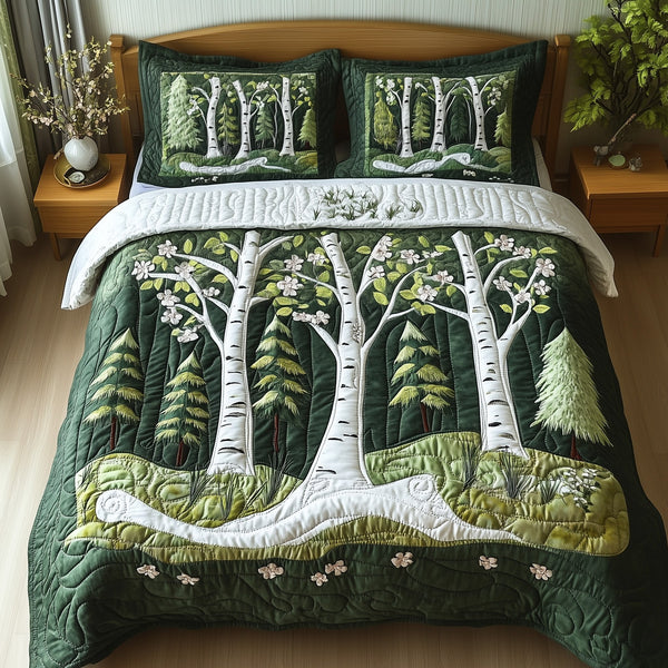 Birch Forest quilted 3-piece bedding set on a made bed with two matching pillow shams