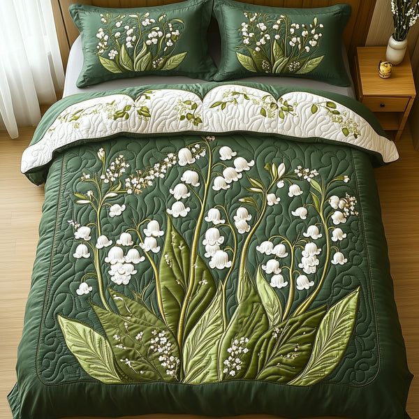 Elegant Lily of the Valley 3-Piece Quilted Bedding Set — quilt and two matching pillow shams