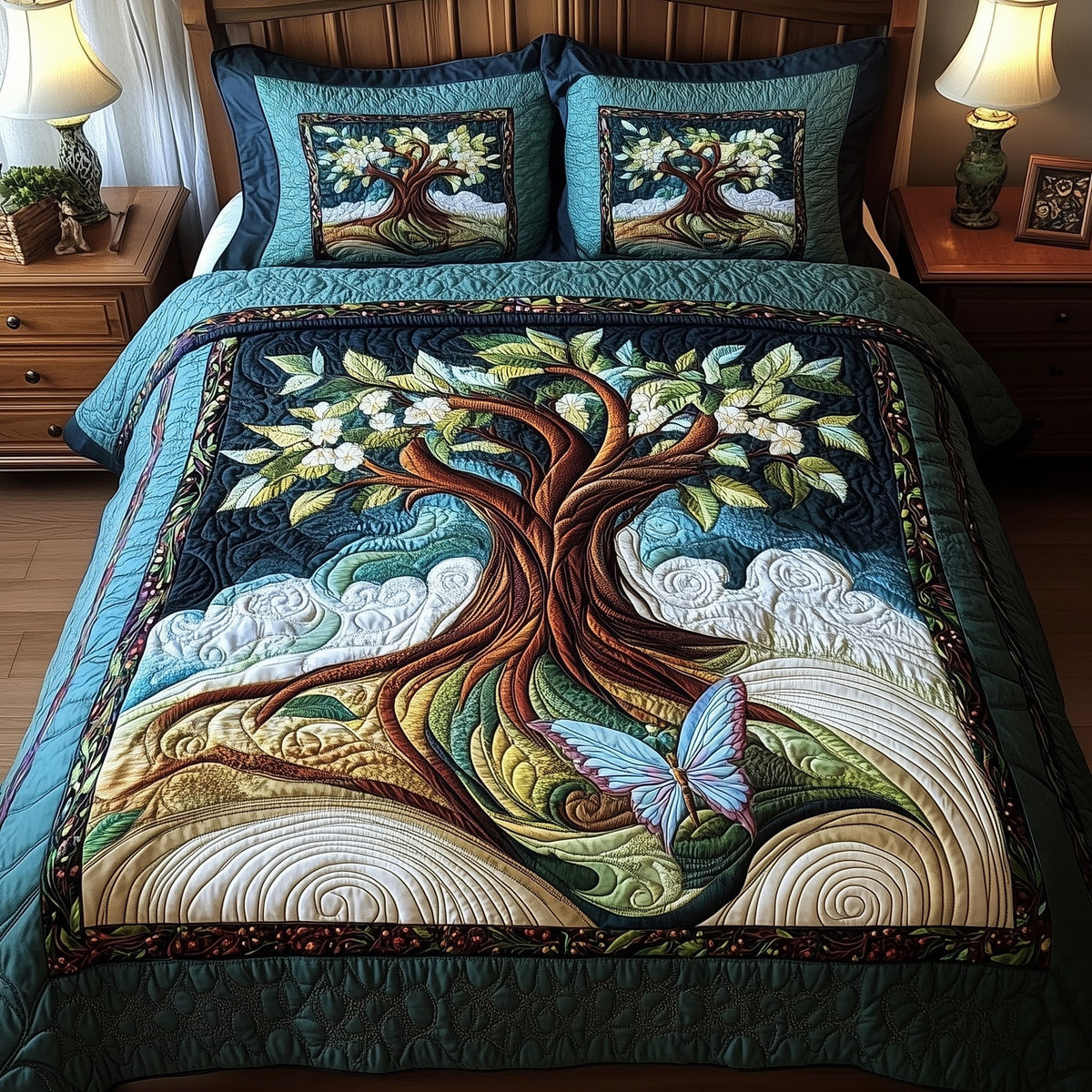 Ancient Tree Of Life 3-Piece Quilted Bedding Set - Design 1 — quilt and two matching pillow shams