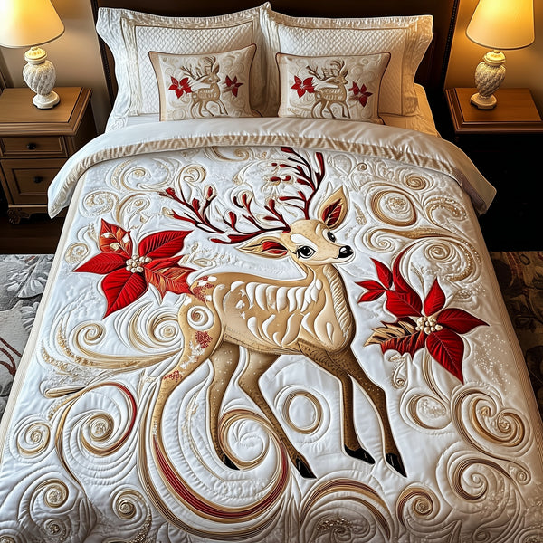 Christmas Reindeer quilted 3-piece bedding set on a made bed in a winter-styled bedroom