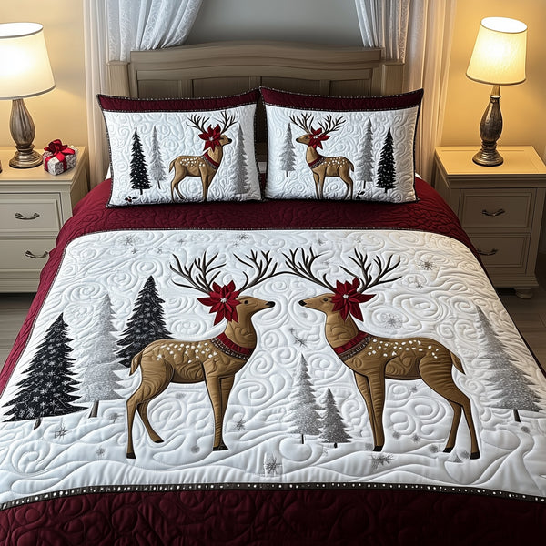 Christmas Reindeer quilted 3-piece bedding set on a made bed in a winter-styled bedroom