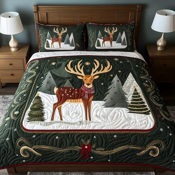 Christmas Reindeer quilted 3-piece bedding set on a made bed in a winter-styled bedroom