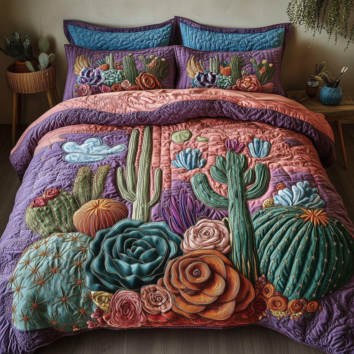 Desert Blooming 3-Piece Quilted Bedding Set - Design 2 — quilt and two matching pillow shams