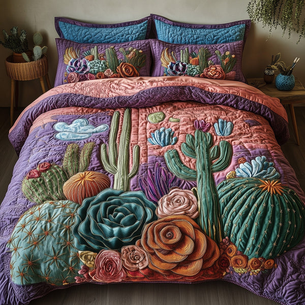 Desert Blooming quilted 3-piece bedding set on a made bed with two matching pillow shams