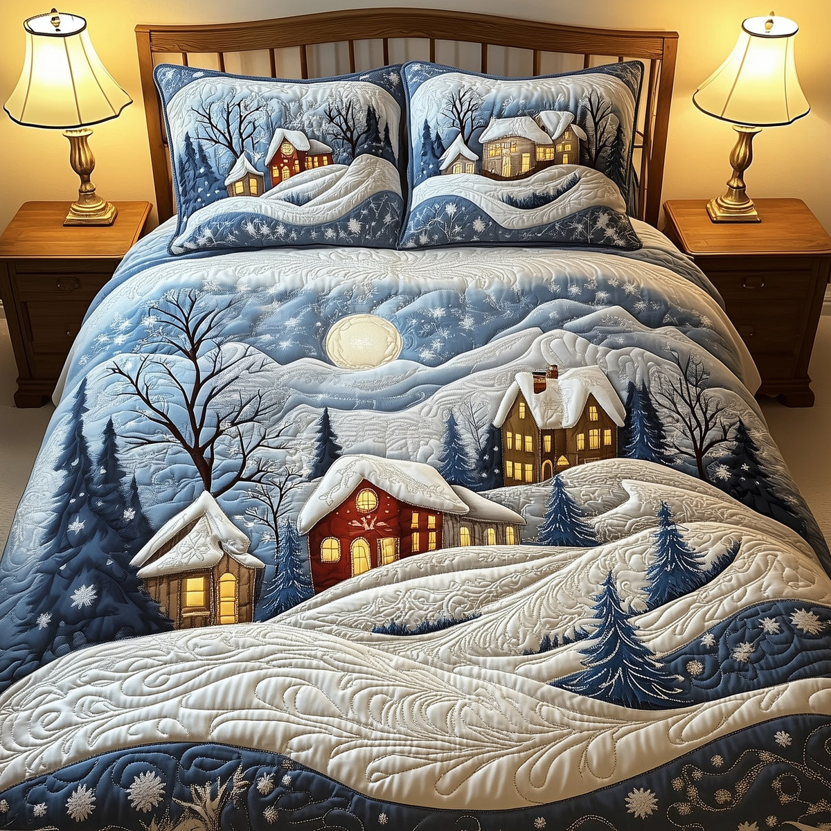 Christmas Village 3-Piece Quilted Bedding Set - Design 1 — quilt and two matching pillow shams