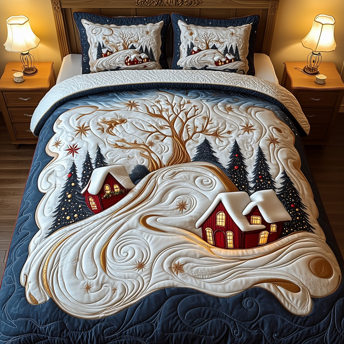 Christmas Village 3-Piece Quilted Bedding Set - Design 2 — quilt and two matching pillow shams