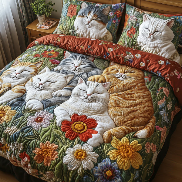 Floral Cat Haven 3-Piece Quilted Bedding Set — quilt and two matching pillow shams