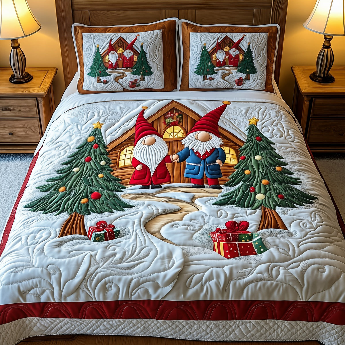 Christmas Gnomes 3-Piece Quilted Bedding Set - Design 1 — quilt and two matching pillow shams