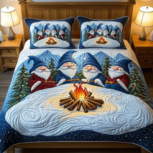 Christmas Gnomes quilted 3-piece bedding set on a made bed in a winter-styled bedroom