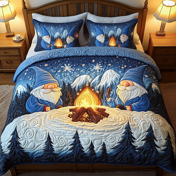 Christmas Gnomes quilted 3-piece bedding set on a made bed in a winter-styled bedroom
