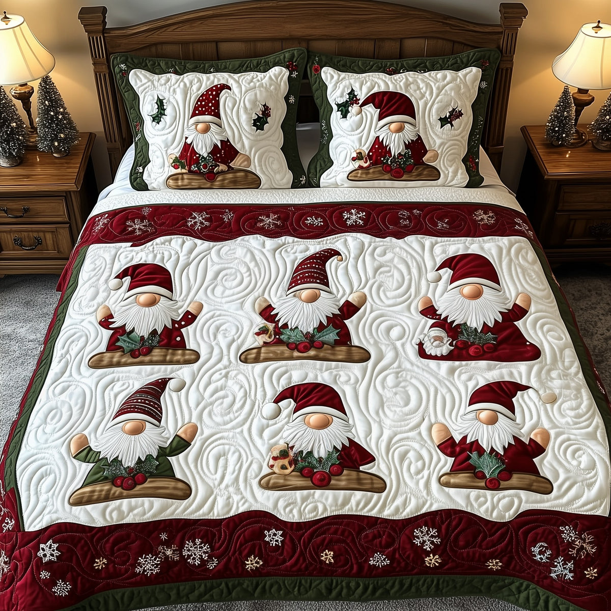 Christmas Gnomes 3-Piece Quilted Bedding Set - Design 5 — quilt and two matching pillow shams