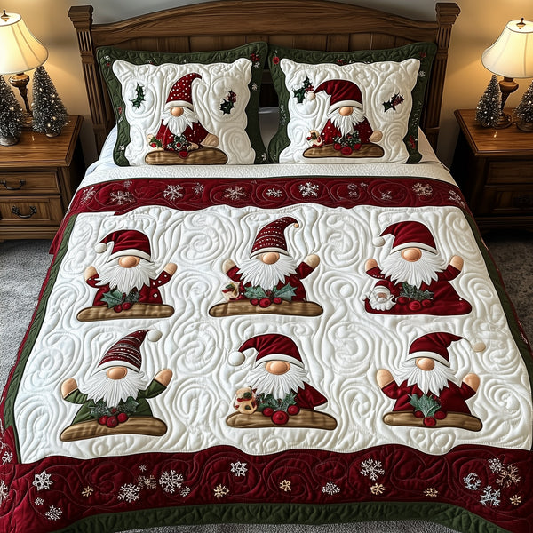 Christmas Gnomes quilted 3-piece bedding set on a made bed in a winter-styled bedroom