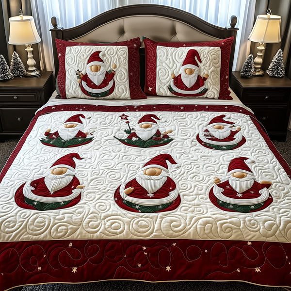Christmas Gnomes quilted 3-piece bedding set on a made bed in a winter-styled bedroom